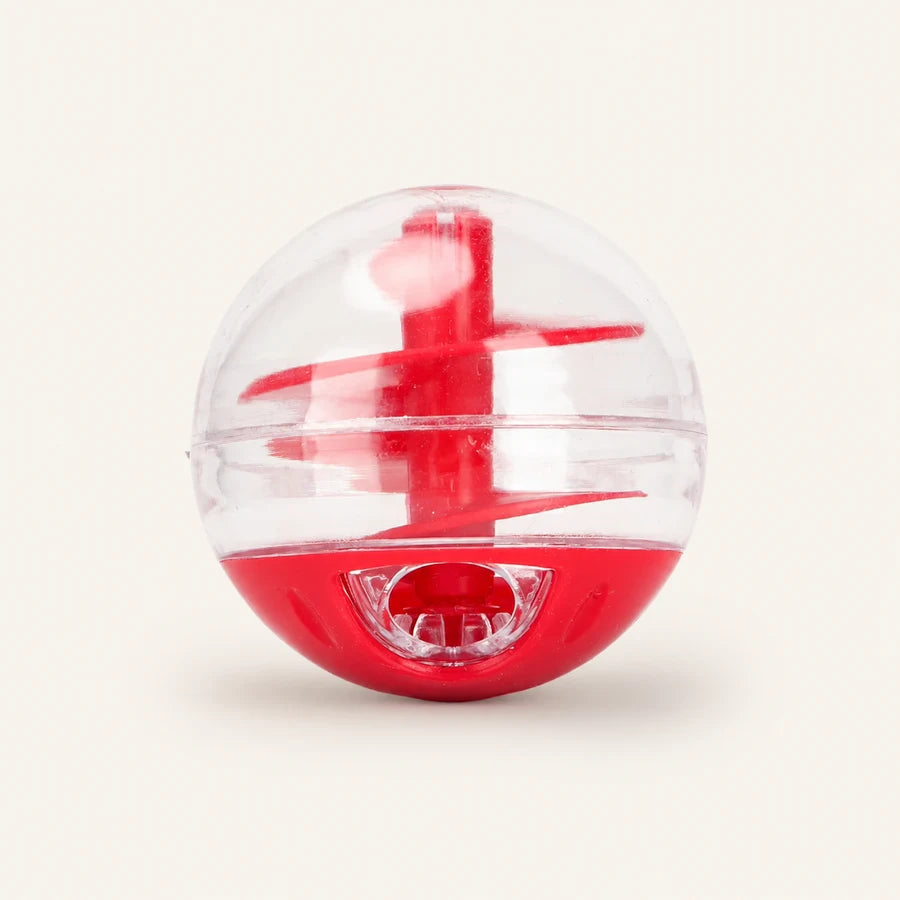 Red PETEE Roll & Reward Cat Treat Ball in a PETEE studio scene