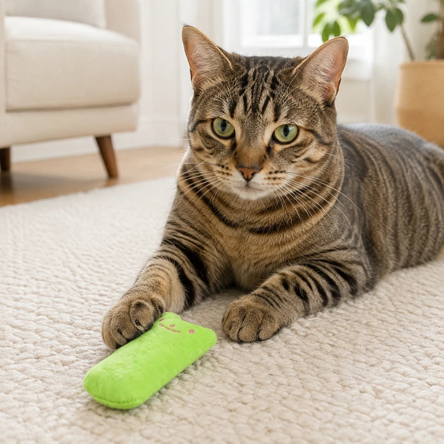 Green PETEE Mini Catnip Pillow in a PETEE real-use scene